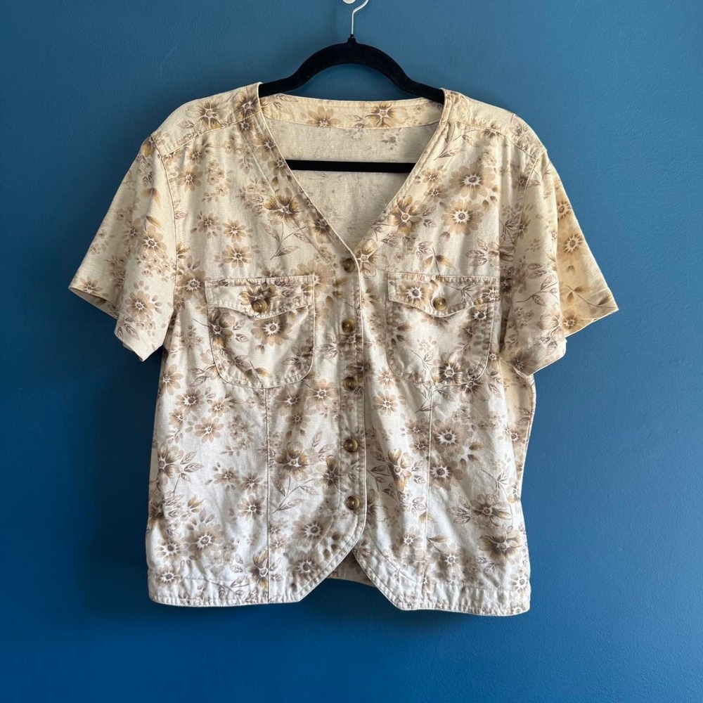 Vintage 90s Floral Vest Top Women's Size Large Tan Cream Brown Retro Cottagecore